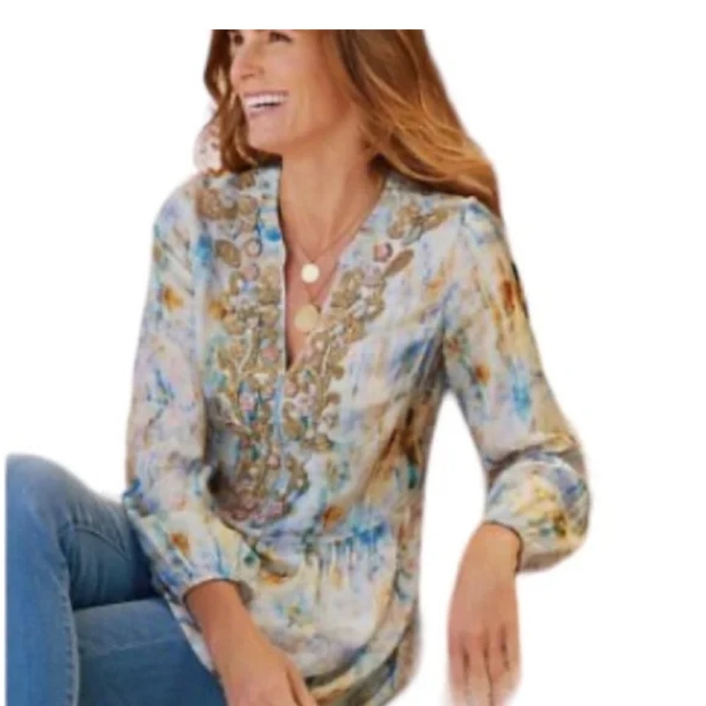 Soft Surroundings Artistic Blue Gold Beaded Tunic M Artsy Boho Watercolor